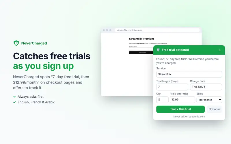 NeverCharged detecting a 7-day free trial on a checkout page